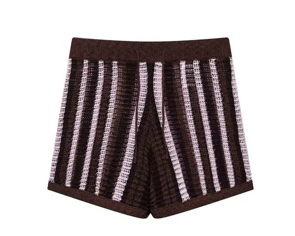 Brown and Pink Knitted Co Ord Short Set