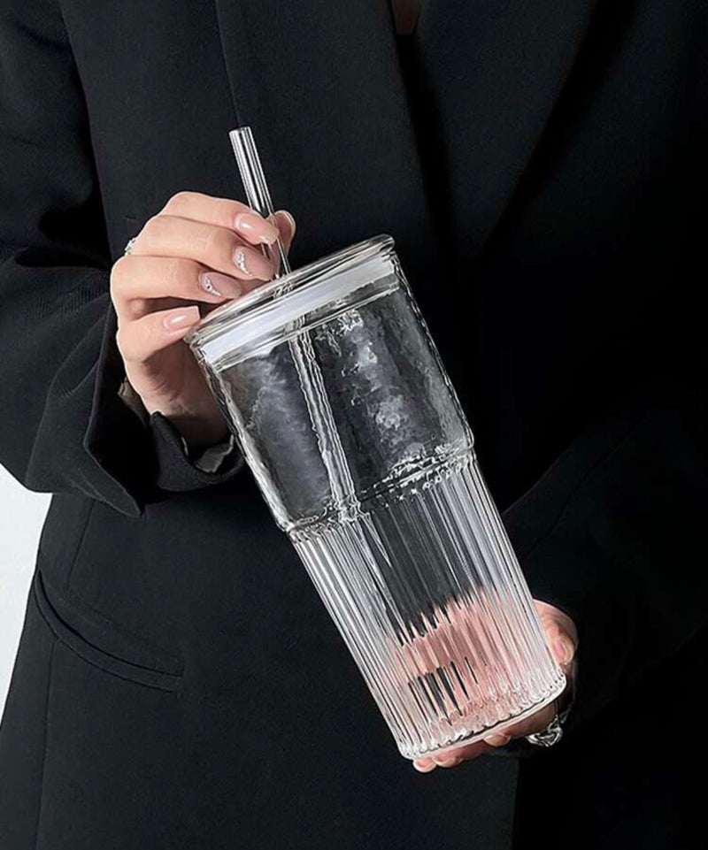 Iced coffee glass plain clear glass with lid and straw