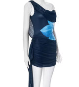Blue Mini Floral Dress with Cowl Neck