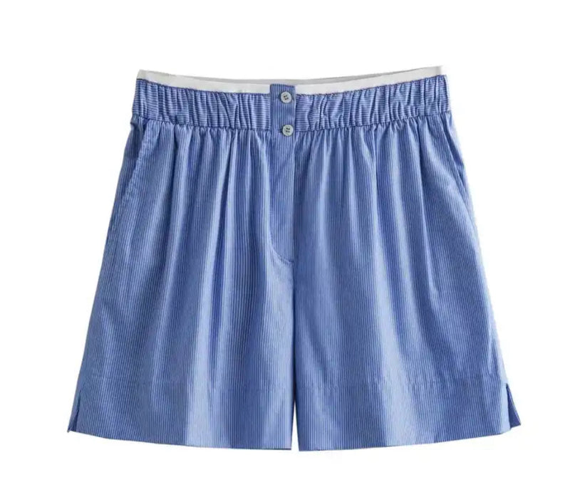 Blue Striped Shirt: White buttoned waistband shorts, sold separately.