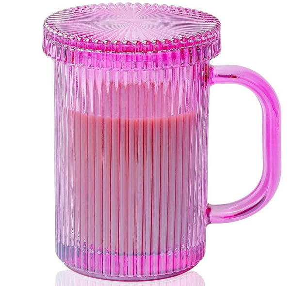 Pink ribbed drinking glass with handle and lid, iced coffee cup 300ml