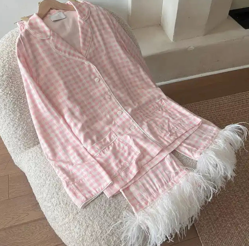 Pink and white checkered pajamas set, product name: Pink Checked Feather Pyjamas