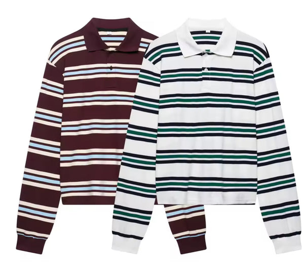 Striped Long Sleeve Polo Top