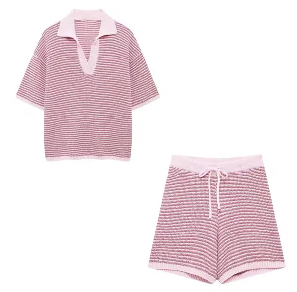 Pink Knitted Polo Shirt and Shorts Co Ord