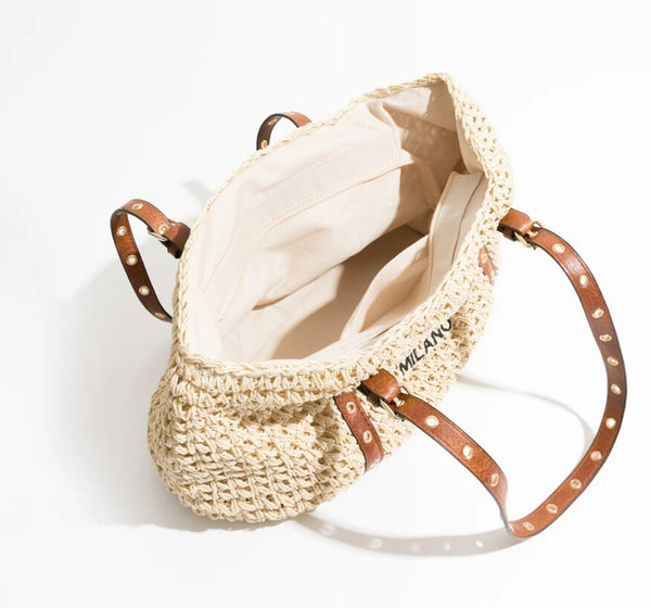 Brown straw bag with leather handles and strap, Paris Milano Beach Bag