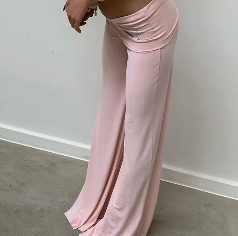 Bubblegum pink fold-over trousers with diamantes