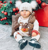 Adorable baby in reindeer outfit sitting on ground - Baby And Kids Beanie with fur Embroidered