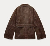 Leopard Print Denim Tie Waist Jacket
