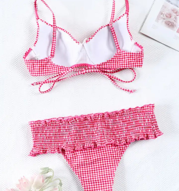 Stylish Pink / Red Check Bikini, ideal for lounging on the beach