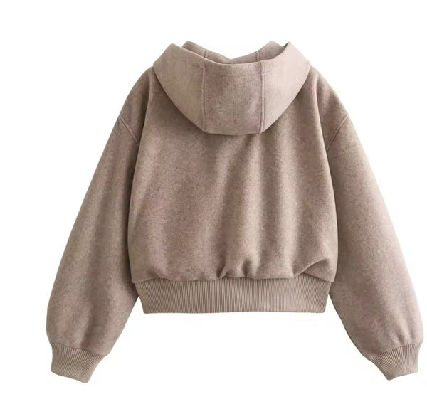 Beige Hooded Wool Bomber Jacket