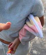 Large pastel striped Make up wash bag clutch with white zip