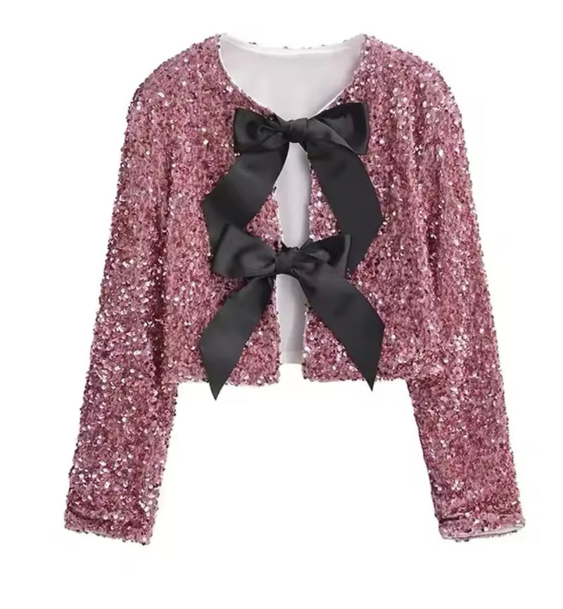 Double Bow Sequin Long Sleeve Top