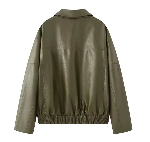 Khaki Faux Leather Jacket Bomber