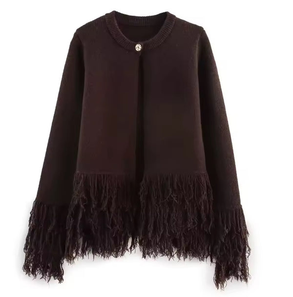 Brown Fringe Knitted Cardigan
