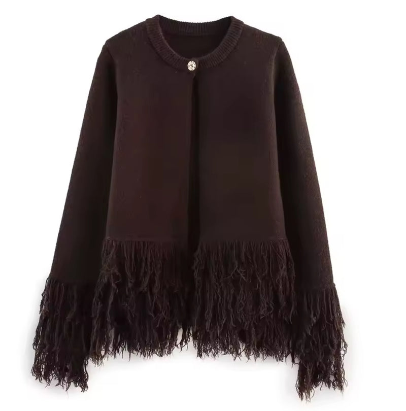 Brown Fringe Knitted Cardigan
