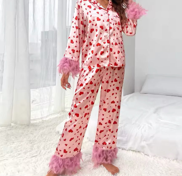 Pink Fluffy Satin Heart Pyjamas