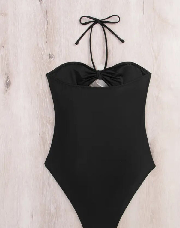Rose Black and white Swimsuit: Stylish black one piece swimsuit with tie neck