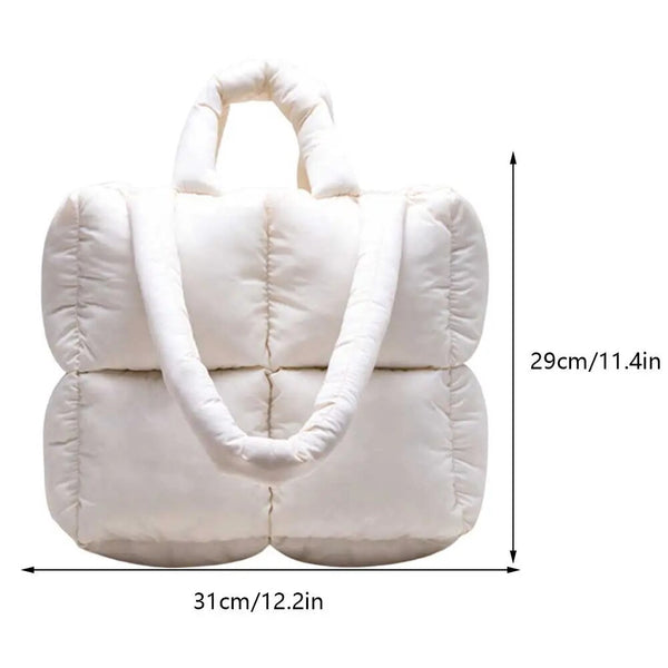 Quilted padded shoulder tote bag in white with two handles, available in various colors.