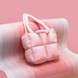  Quilted padded shoulder tote bag in pink with convenient side zipper, multiple color options.