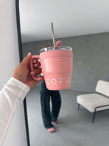 Brown or pink 480ml Stainless Steel Coffee Mug with Straw And Handle