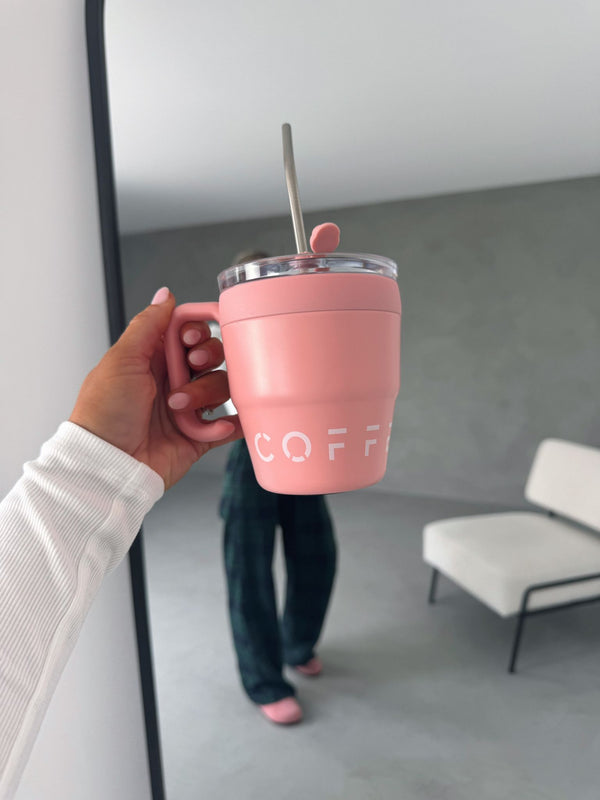 Brown or pink 480ml Stainless Steel Coffee Mug with Straw And Handle