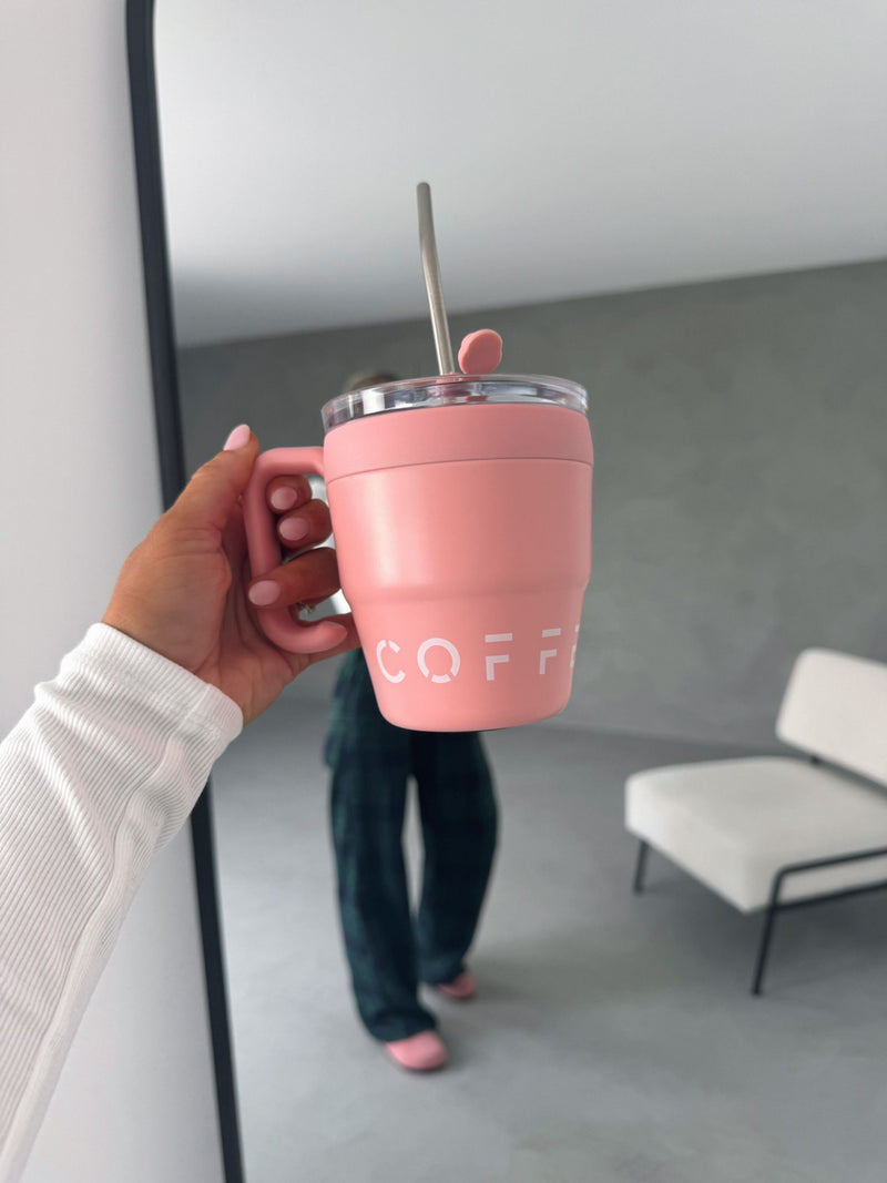 Brown or pink 480ml Stainless Steel Coffee Mug with Straw And Handle