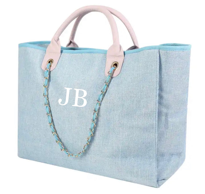 Canvas Tote Bag with Chain- Mint and Pink