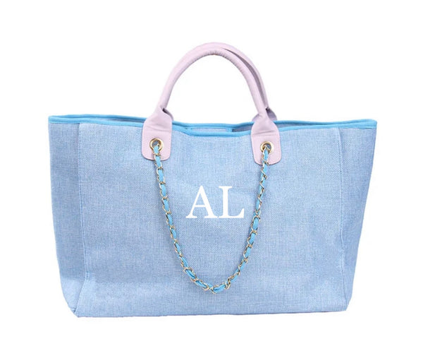Canvas Tote Bag with Chain- Blue and Pink