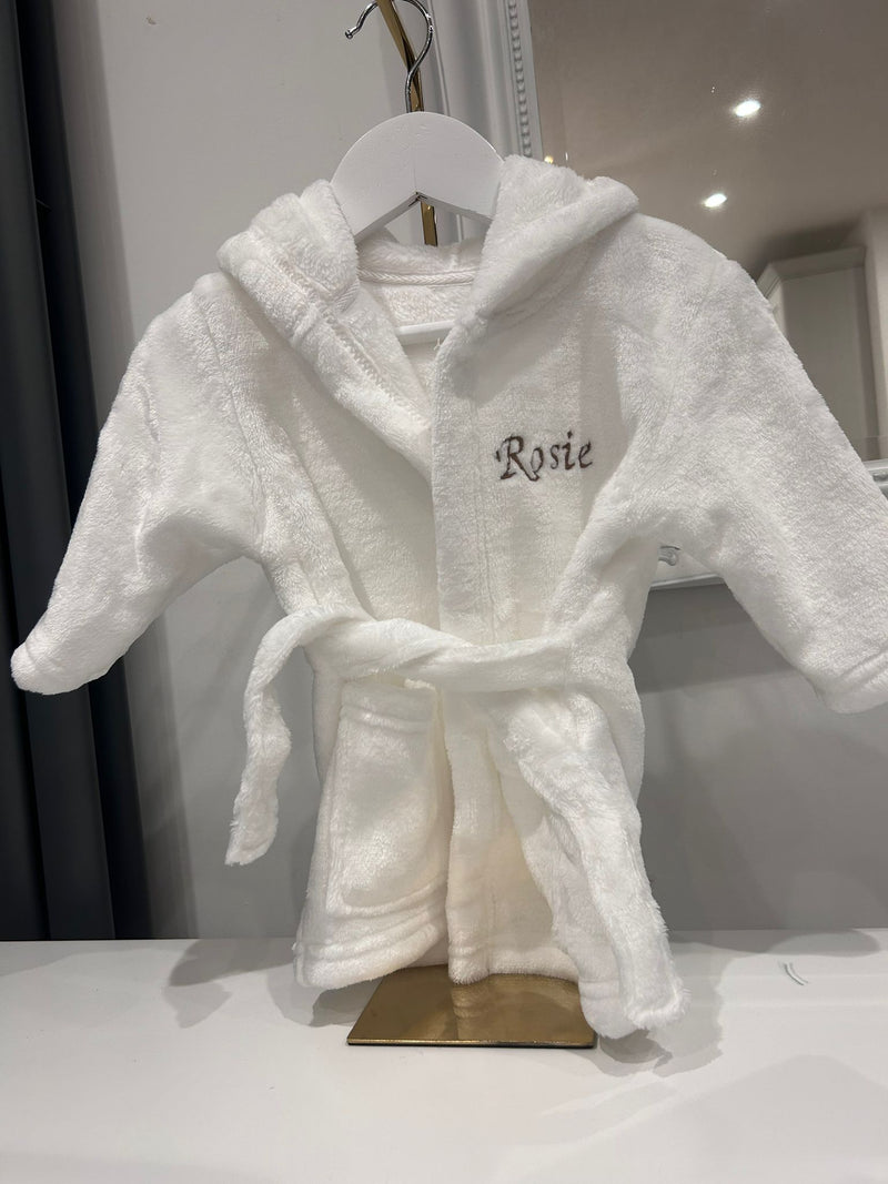 aby White Soft Embroidered Dressing Gown - Personalized white bathrobe with hood for ultimate comfort and style