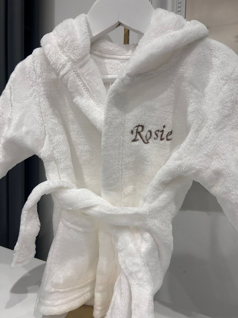 Luxurious Baby White Soft Embroidered Dressing Gown - Stay cozy in this personalized white bathrobe with a hood