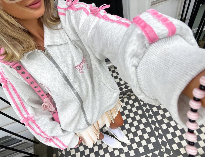 Grey pink jacket bow zipper ribbon zip up