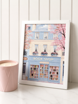 Pastel book shop wall art print with white frame A4 or A3 size