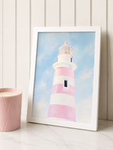 Pastel pink blue lighthouse print with frame size a4 or a3