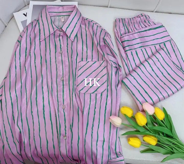 Pink striped satin pyjama set with flower and letter embroidery