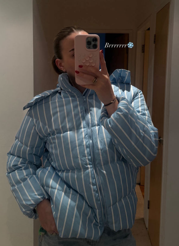 Striped Baby Blue Puffer Jacket