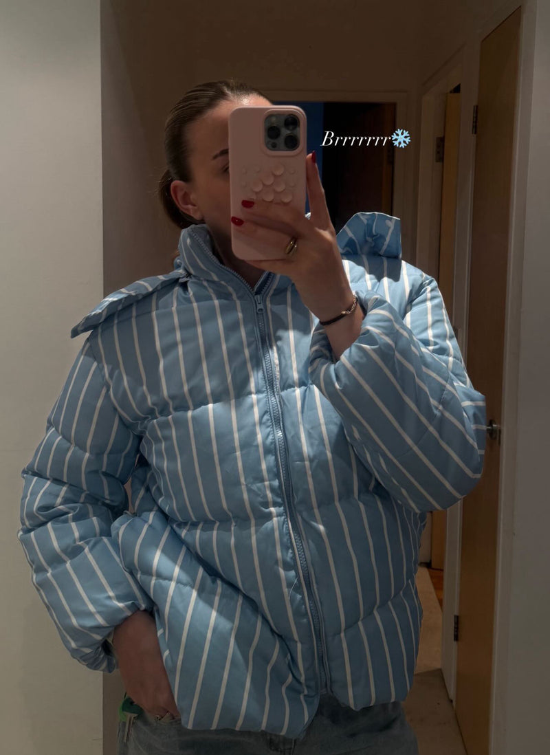 Striped Baby Blue Puffer Jacket