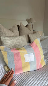 Large pastel striped Make up wash bag clutch with white zip
