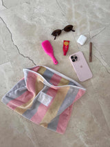Large pastel striped Make up wash bag clutch with white zip