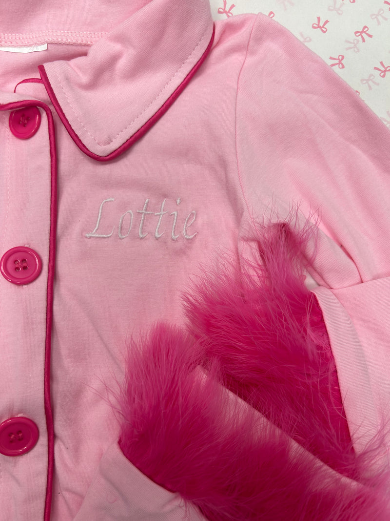 Girls candy pink feather personalised embroidered pyjamas