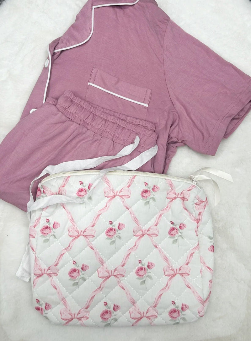 Pink Pyjama shorts sleeved set (size medium) with medium sized make up bag