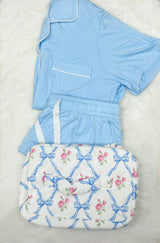 Baby blue Pyjama shorts sleeved set (size small) with large sized make up bag