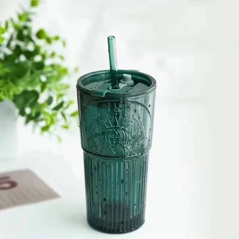 Green Starbucks Glass Cup With Straw and Lid 