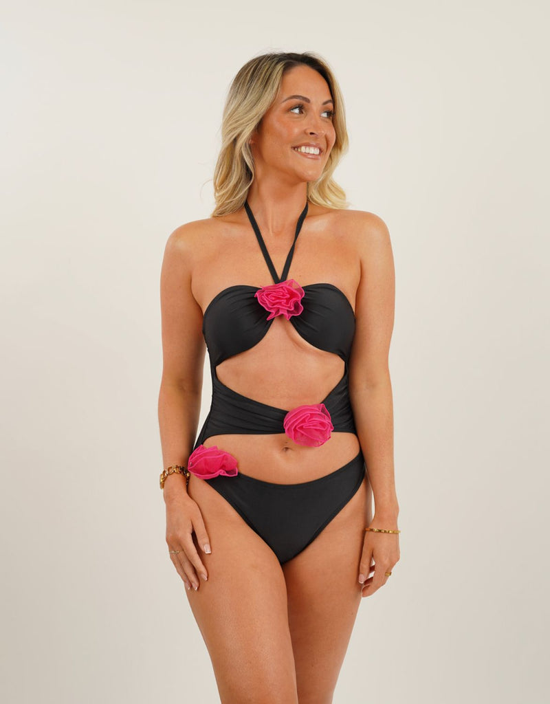 Black and Pink Rose Swimsuit Bodysuit