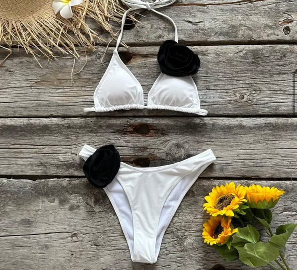 White and Black Rose Triangle Bikini