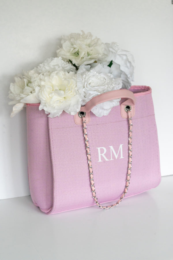 pink canvas tote bag with chain