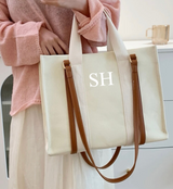 Cream and brown woody tote bag with zip