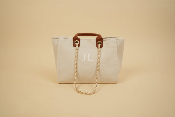 Canvas Tote Bag with Chain Cream and brown