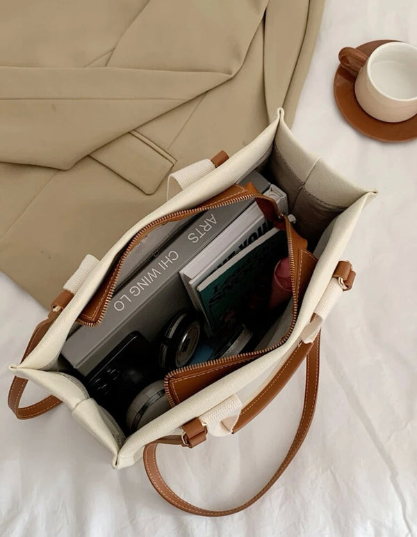 Cream and brown woody bag with longer strap