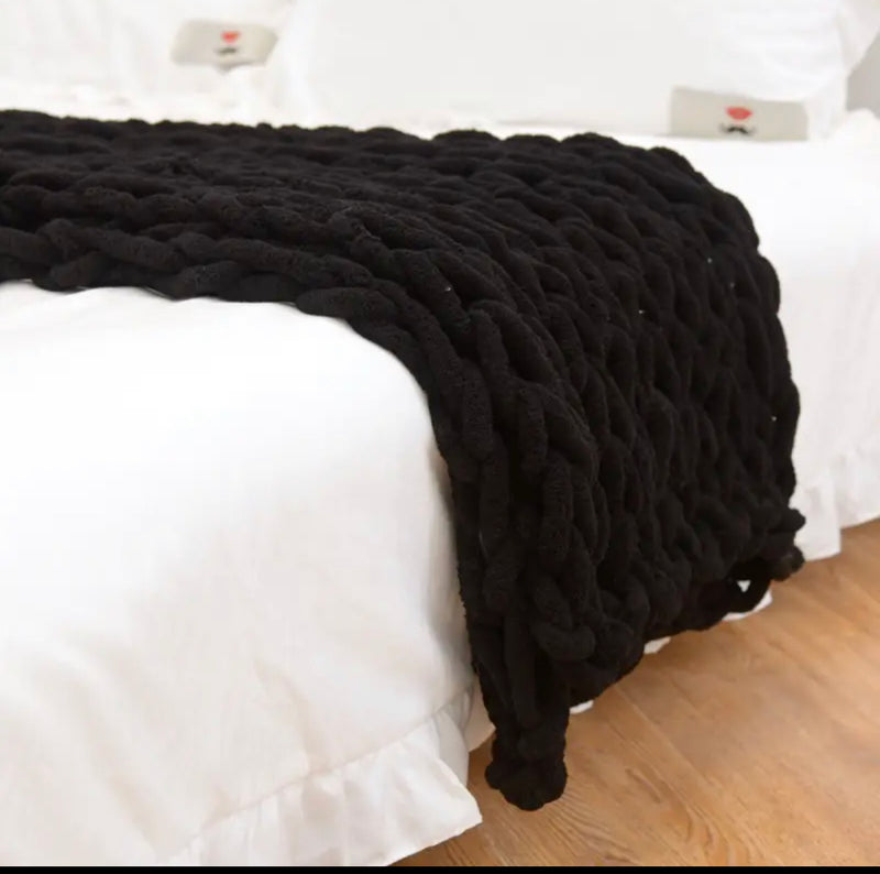 Black Large Knitted Chenille Throw Blanket