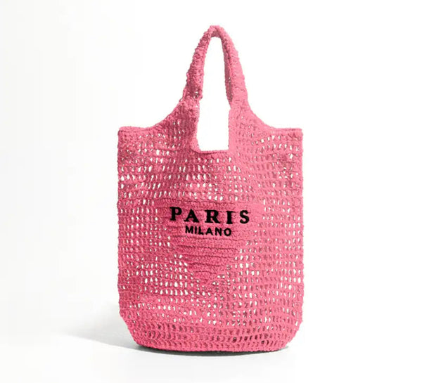 pink Paris Milano Straw Beach Bag